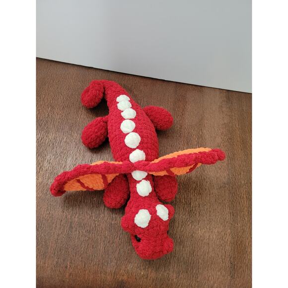 Red Crochet Dragon Stuffed Animal White Orange Chenille Yarn Soft - Picture 2 of 5